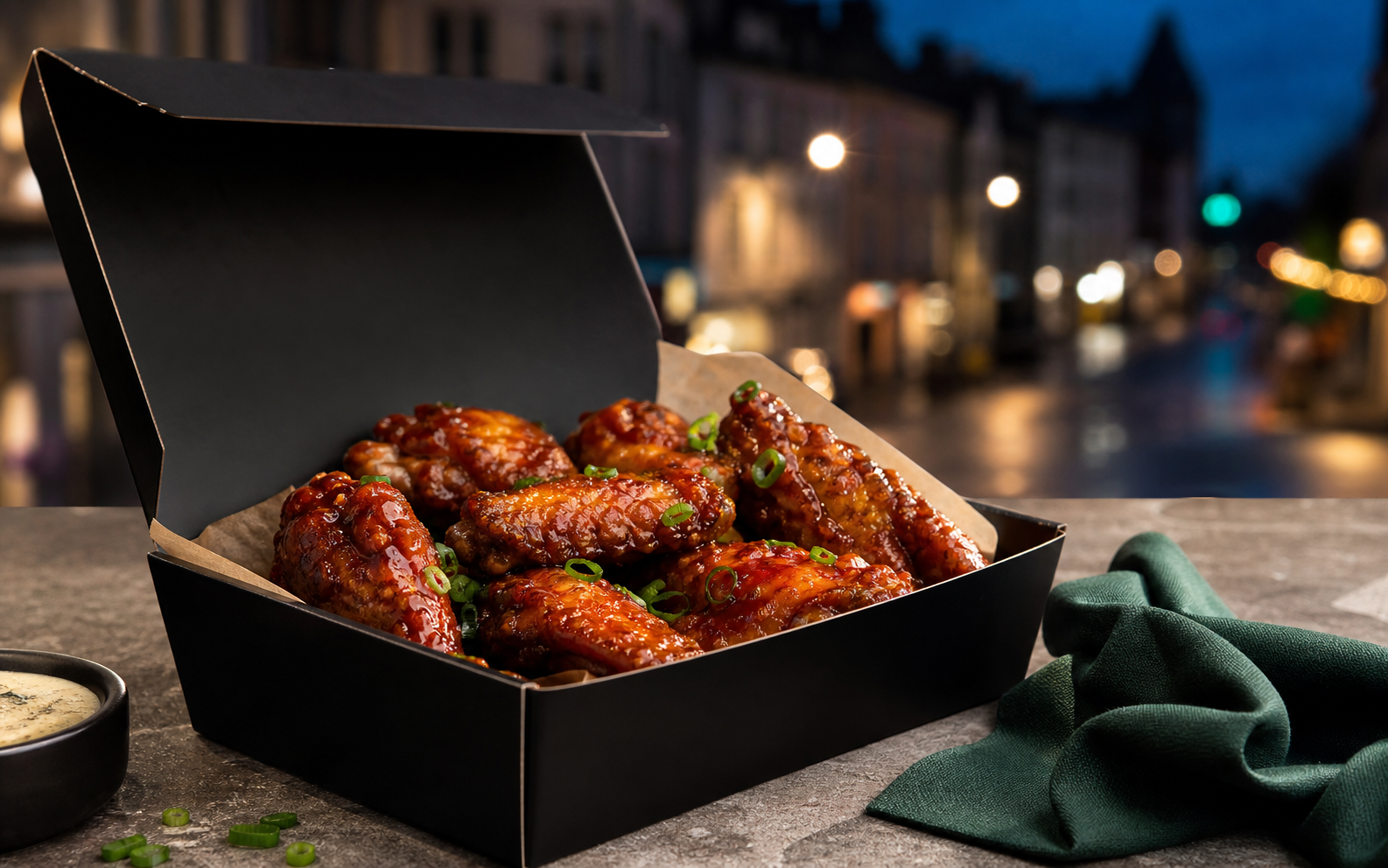 Premium chicken wings in a neutral takeaway box